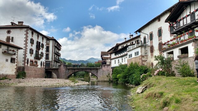 Baztan river and Elizondo village, Baztan valley, Navarre, Spain