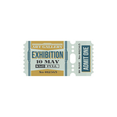 Retro ticket to exhibition of art gallery, free pass isolated vintage coupon, price and date. Vector hall of art, admit one on card. Exhibition in museum, voucher access single entry, cultural event