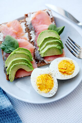 Ketogenic paleo diet. Boiled eggs, salmon toast, tomatoes, avocado and fresh salad. Healthy breakfast.