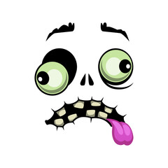 Zombie face emoji isolated vector icon, cartoon monster with dropped out eye and pink tongue. Halloween creature, funny emotion with toothy creepy mouth