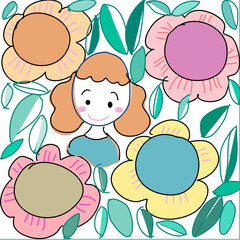 Pattern of kid and flowers and leaves in doodle hand drawn cartoon vector 