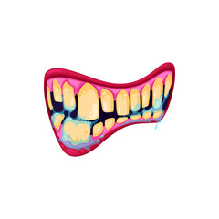 Monster mouth vector icon, creepy zombie jaws with yellow teeth, saliva and nasty lips. Halloween creature disgusting smiling mouth isolated on white background