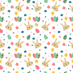 Easter seamless pattern with flower,  holiday eggs,  bunny. Perfect for wallpaper, gift paper, pattern fills, web page background, spring and Easter greeting cards