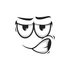 Distrustful emoji with big eyes, doubtful questioned smile isolated icon. Vector suspicious emoticon facial expression, distrusted mood. Questionable angry uncertain smiley, doubtful face expression