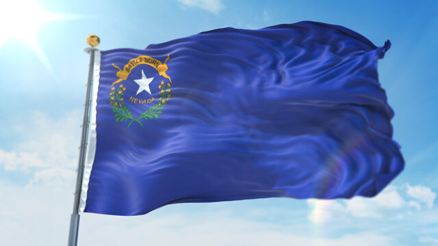 4k 3D Illustration of the waving flag on a pole of state of Nevada in United States of America