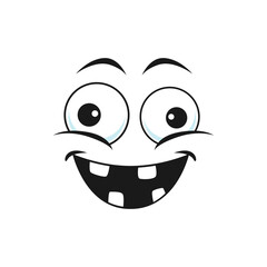 Strange emoji with broad smile, crazy idiot emoticon isolated icon. Vector strange cheerful person social network emoji. Stupid emoji with rare tooth, emoticon with silly eyes, stupid face expression