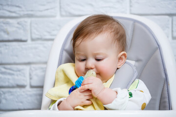 A small child sits on a high chair and eats fruits through the net. Nibbler for feeding babies