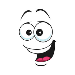 Cheerful comic embarrassed smiley with open mouth isolated surprised expression. Vector happy emoticon, broad smile, big eyes side view face. Kind emoji with satisfied face, happiness and pleasure