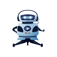 Robot machine showing thumb up cool hands gesture isolated icon. Vector robotic automation showing gesture, cute android with button on body. Futuristic cyborg character with big eyes on head