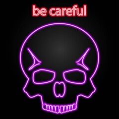 Skull with text neon sign, modern design, light banner, colorful trend of modern design on black background.