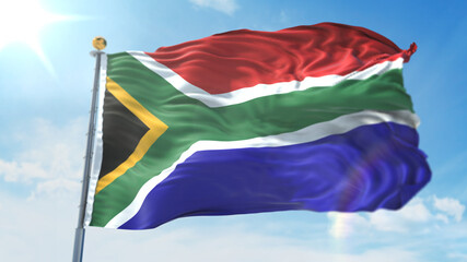 4k 3D Illustration of the waving flag on a pole of country South Africa