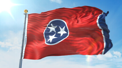 4k 3D Illustration of the waving flag on a pole of  United States of America State Tennessee