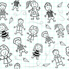 Vector seamless background of child drawn pictures images of boys and girls in the school notebook