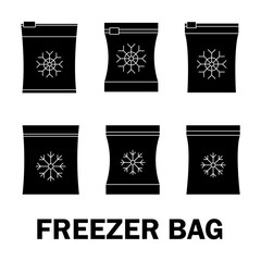 Set of vector frozen food bag. Freeze bag. Containers and bags for food semi-finished products frozen. Vacuum packed for freezing of food. Glyph symbol. Vector