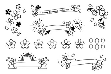 手描き風のシンプルな桜アイコンとリボン素材（モノクロ） © tukinoto