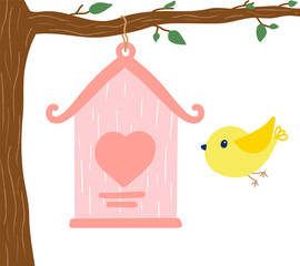 Colorful bird house with flying bird. Vector