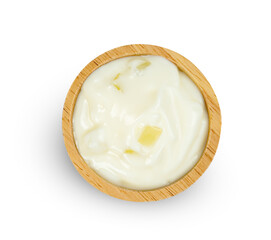 yoghurt with nata de coco dutche in wooden bowl isolated on white background ,include clipping path