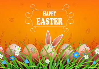 Easter orange composition, rabbit ears, colorful eggs are drawn in the grass with flowers