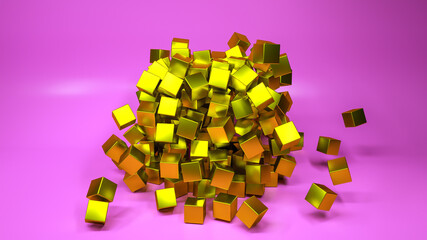 golden cubes are scattered on a purple background. 3d render illustration