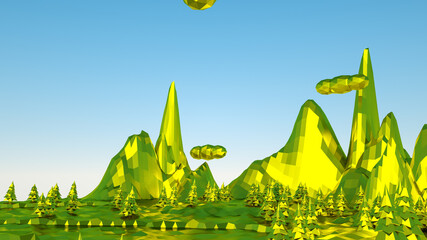 three-dimensional low poly landscape. golden stylized landscape. 3d render illustration