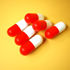 red-white pills on a yellow-orange background. 3d render illustration
