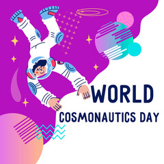 International day of human space or Cosmonautics day banner template with cute hand drawn astronaut floating in space,  cartoon flat vector illustration.  Space explore and cosmos travels.