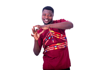 portrait of a handsome man showing waist sign, smiling.