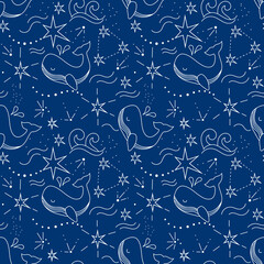 Hand-drawn seamless pattern featuring whales and the starry sky. A cosmic constellation of galaxies, planets, and stars. Astronomical background for fabric, paper, packaging