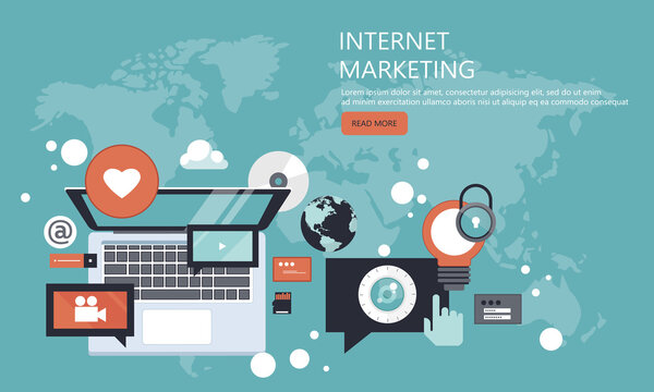 Internet marketing. Digital marketing and advertising. Newsletter and promotion. Flat vector illustration