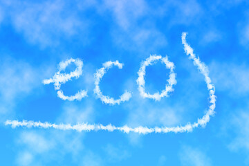 Text eco written in sky. Letters made of clouds or contrails. Ecology and environment concept.
