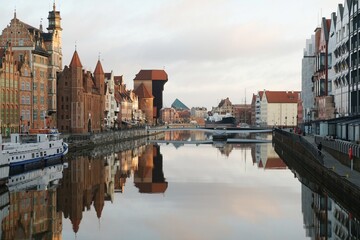 Fototapeta na wymiar Beautiful view of Old Town around Motlava river in morning light in Gdansk, Poland