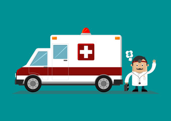Doctor standing next to an ambulance vector illustration