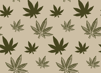 Seamless pattern with a cannabis leaf on white background.