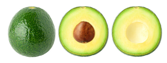 Isolated avocado. Whole and cut with segment avocado isolated on white background with clipping path