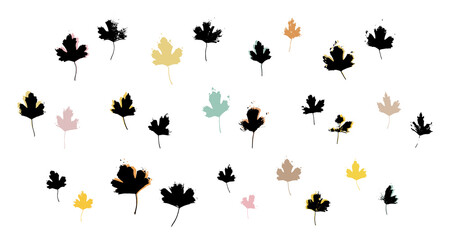 Grunge leaves set. Abstract foliage. Autumn leaves pastel colors collection. Black currant bush leaf. Currant berry branch.