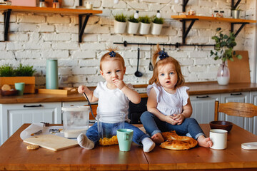 Two little one-year-old girls are sitting on a table in the kitchen.