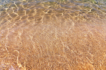 Marine background At the bottom of the sea. View through the water and glare on the sand