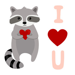 Cute cartoon raccoon holding heart. Be my Valentine greeting card. Vector illustration.