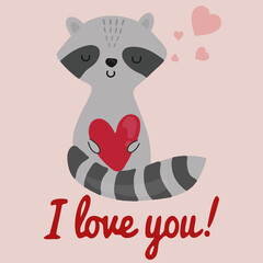 Cute cartoon raccoon holding heart. Be my Valentine greeting card. Vector illustration.