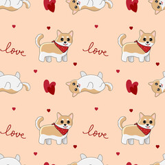 Fototapeta premium Seamless pattern with shiba inu and hearts. Background for wrapping paper, greeting cards and seasonal designs. Happy Valentine's day.