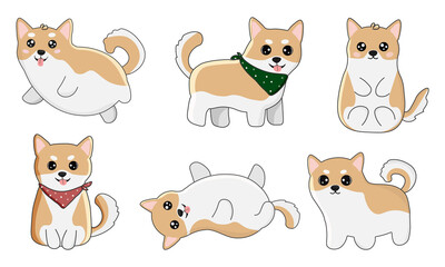 Shiba inu illustrations set. Cute and funny dog in different poses. It can be used for sticker, patch, phone case, t-shirt, mug and other design.