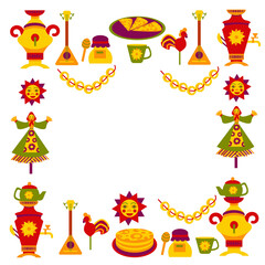 Square frame for the traditional Russian spring holiday-Maslenitsa. frame of samovars, teapots and dryers for Shrovetide week.