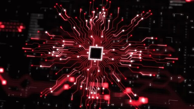 Red background with big data CPU processing futuristic circuit board
