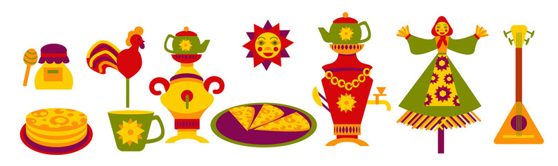 collection of bright icons for the traditional Russian spring holiday-Maslenitsa. Shrovetide Week illustration set in flat style isolated on white background.