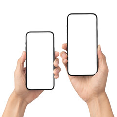 Set of man hand holding the black smartphone with blank screen isolated on white background with clipping path, Can use mock-up for your application or website design project.
