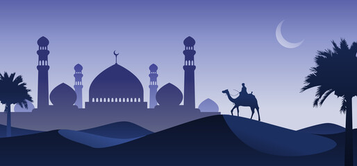 Man riding camel in desert night with mosque and crescent moon background, arabia desert landscape night view, silhouette vector illustration, Islam or Ramadan concept © gibustudio