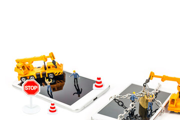 selective focus of miniature on smart phone with chain lock, abstract background for solution to security smart phone form not owner.