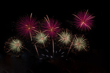 Fireworks with different color and pattern for celebration in various event including new year, party, ceremony, birthday or other show and display on night dark sky background.