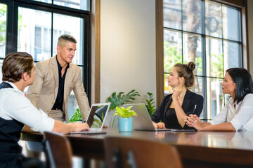 Smart smart woman Listening Speaker Look to the left.