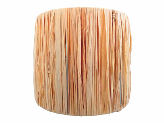 Rustic wicker lamp chandelier. Front view of straw lined cylinder isolated on white background. Crossed straw woven texture. Light beige grid lamp. Crafts and decoration concept.